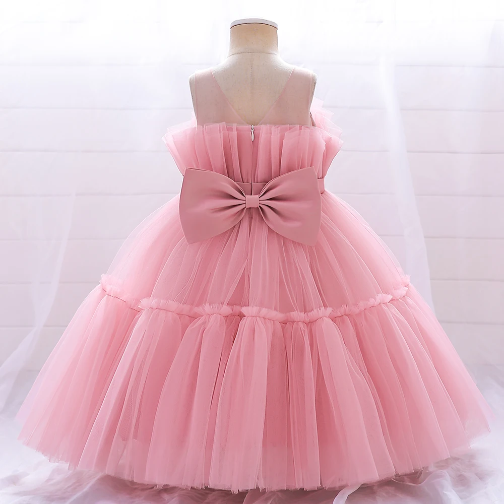 

MQATZ Fashion Summer Sleeveless Satin Layered Tulle With Big Bow For Girls Kids Party Baby Dresses
