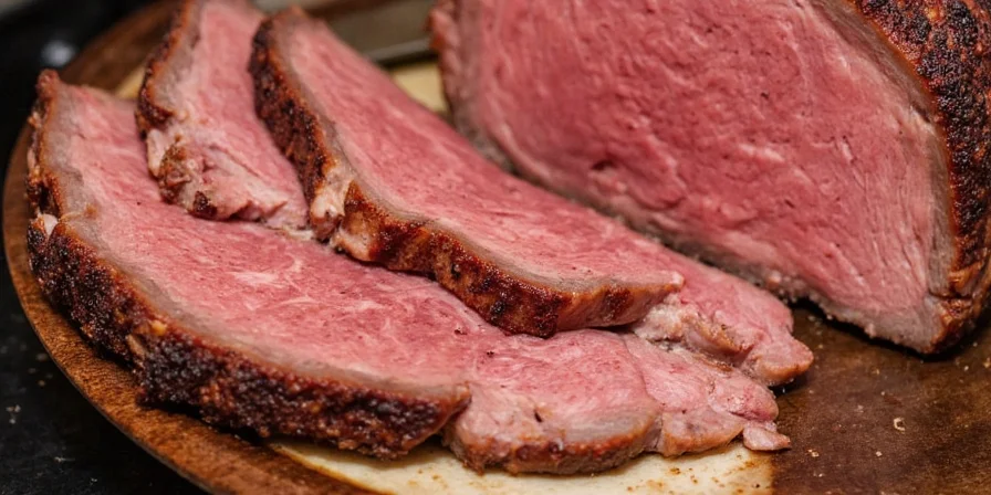 Sliced brisket served on wooden board
