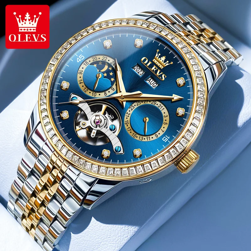 OLEVS 7016 Men Automatic Watch Steel Band Waterproof Hollow Perspective Multifunctional Moon Phase Tourbillon Mechanical Watches
