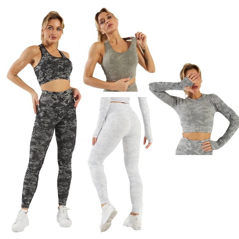 

Amazon Newest Stylish Sexy Yoga Pants Camo Workout Clothing Women High Waist Leggings Yoga Clothes Set, As picture