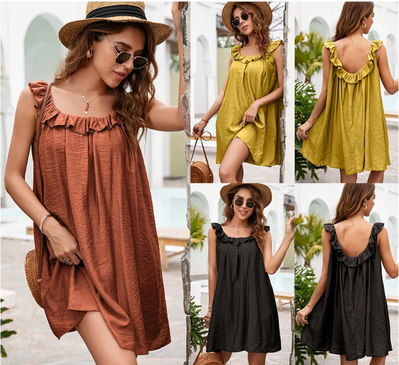 

Beach Solid Backless Summer Dresses 2021 New Casual O-Neck Edible Tree Fungus Mini Dresses For Women Holiday Vintage Dresses