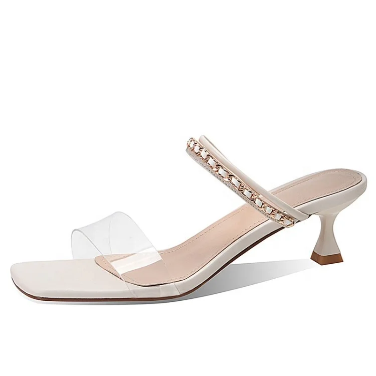 

Summer Slim Mid-heel Slippers Large Size Metal Chain Women's Open Toe Sandals