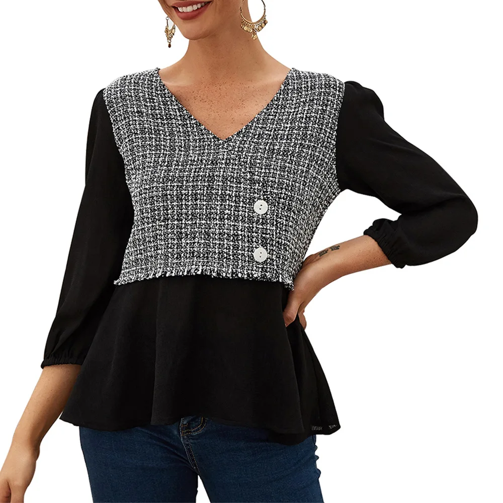 

2020 New ArrivalsWomen v Neck Long Sleeve Patchwork tweed Elegant Loose Tunic Streetwear Ladies Top Blouse