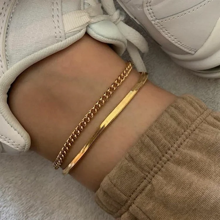 

Fashion Anklets Foot Women Jewelry 18K Gold Plated Stylish Hypoallergenic Stainless Steel Herringbone Snake Chain Anklet, Gold color