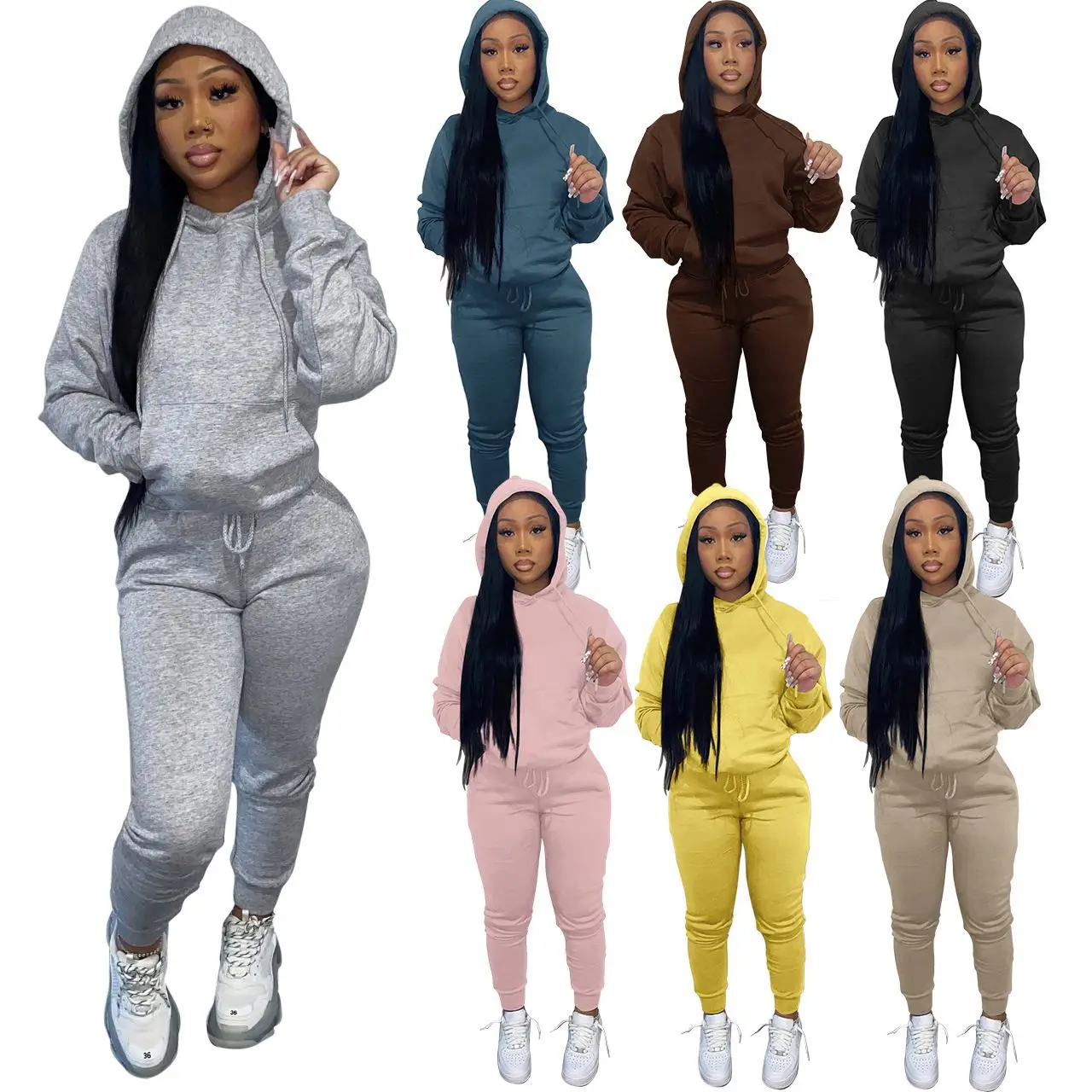 

Women Fall Causal Plain Loose 2 Pieces Drawstring Sweatpants Jogger Cropped Sweatshirt Hoodies Sets