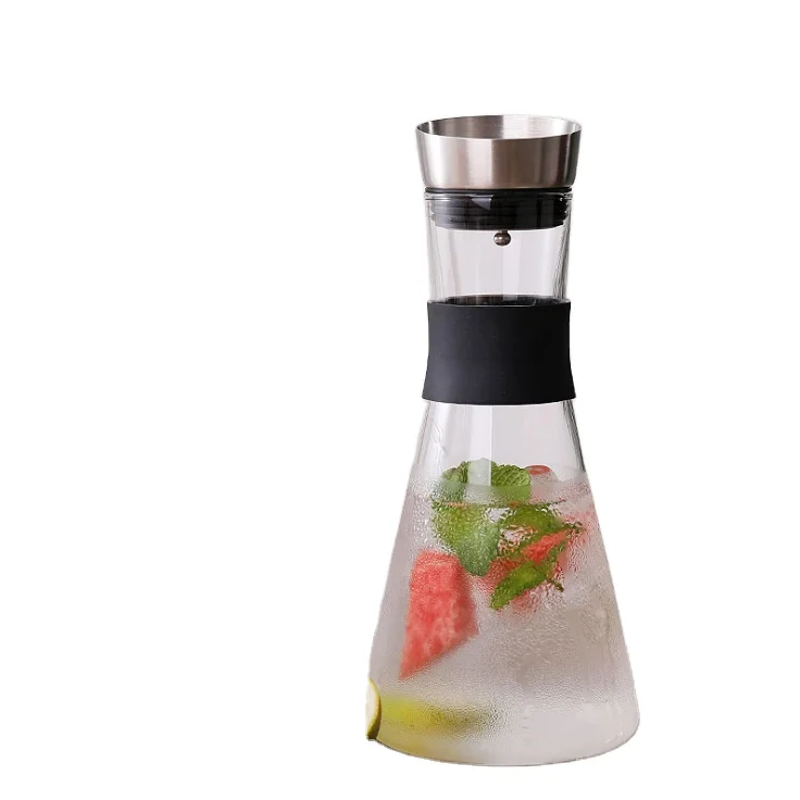 

1L Simple Design Stainless Steel Lid Borosilicate Glass Water Carafe With BPA Free Silicone Neck Water Pither