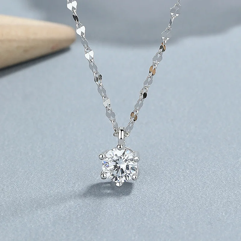 

Carline Wholesale Minimalist Fine 925 Silver Plated 18k White Gold Simple Six Claw Zircon Pendant Necklace Jewelry For Women