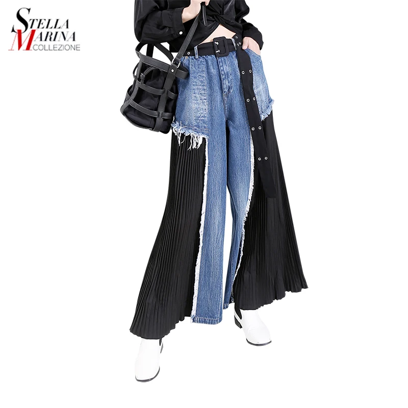 

New Design High Waist Fashion Women Casual Trousers Wholesale Denim With Chiffon Patchwork Unique Wide Leg Pants 5435
