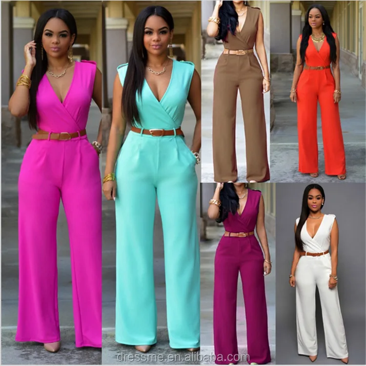 

MT41-2196 New Arrival Fashion Sexy V-Neck High Waist Sleeveless Ladies Jumpsuit With Belt