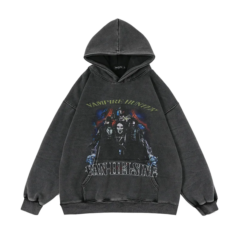 

Wholesale Winter Unisex High Street Retro Color Plush Pullover Hoodie Oversize Baggy Hip-hop Crew Neck Printed Hoodie