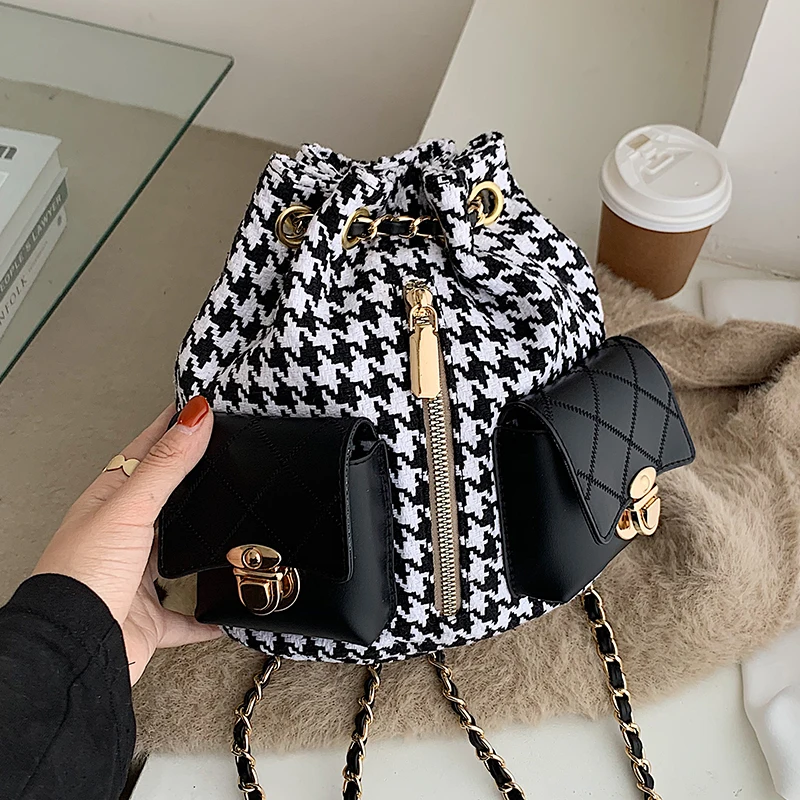 

Female Purse chain ladies houndstooth zipper drawstring women handbags shoulder bucket bag purses, Black,red,brown and customzied
