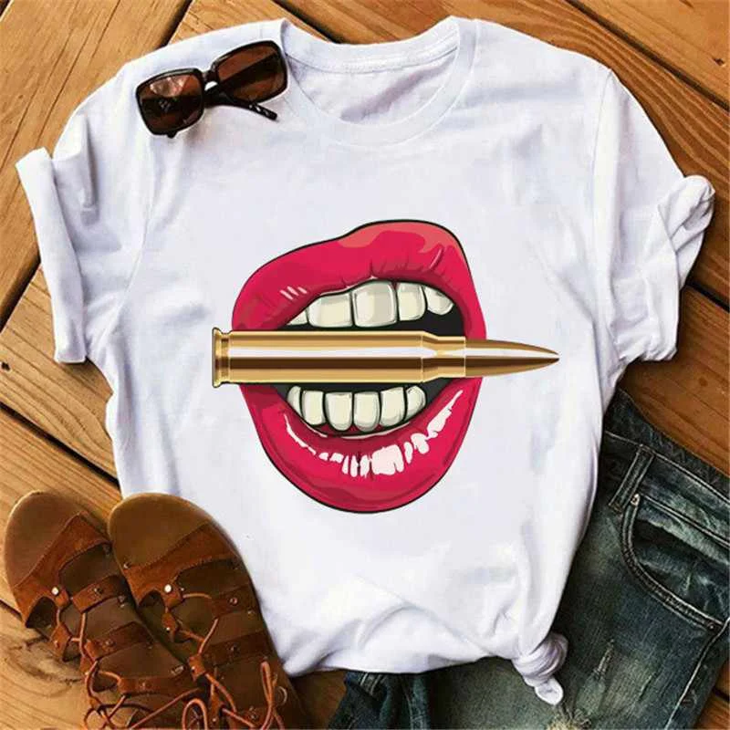 

women's Tshirt Shirt Feminina Lip Lipstick Tops Tee Women's Summer T Shirt Heel shirt female T-shirt, As pictures