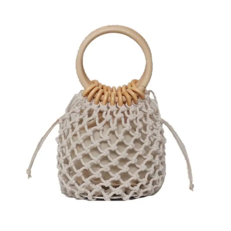 

2021 Fashion cotton rope drawstring opening round handle woven mini bucket purse and handbags women summer beach bags, Customized color