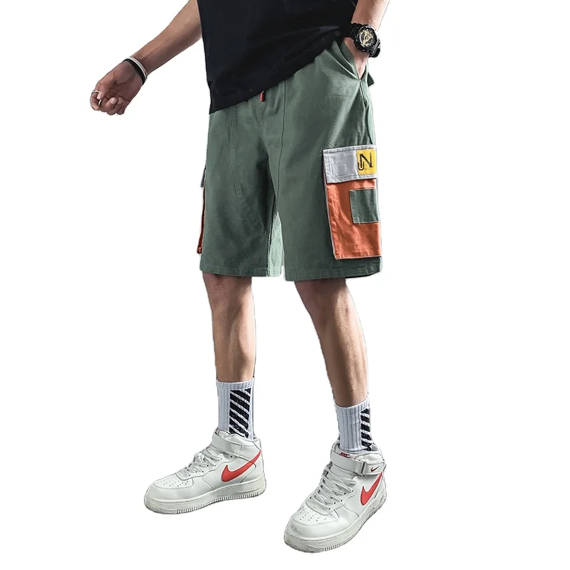 

Summer trend multi-pocket loose five-point pants men's overalls shorts, contrast color patch pockets men's overalls shorts
