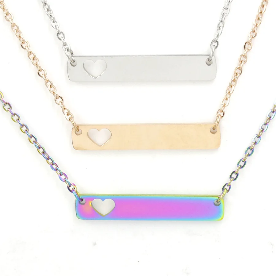 

18" Chain Stainless Steel Mirror Polished 35*6mm Girlfriend DIY Personalized Hollow Heart Blank Bar Pendant Necklace, Gold steel