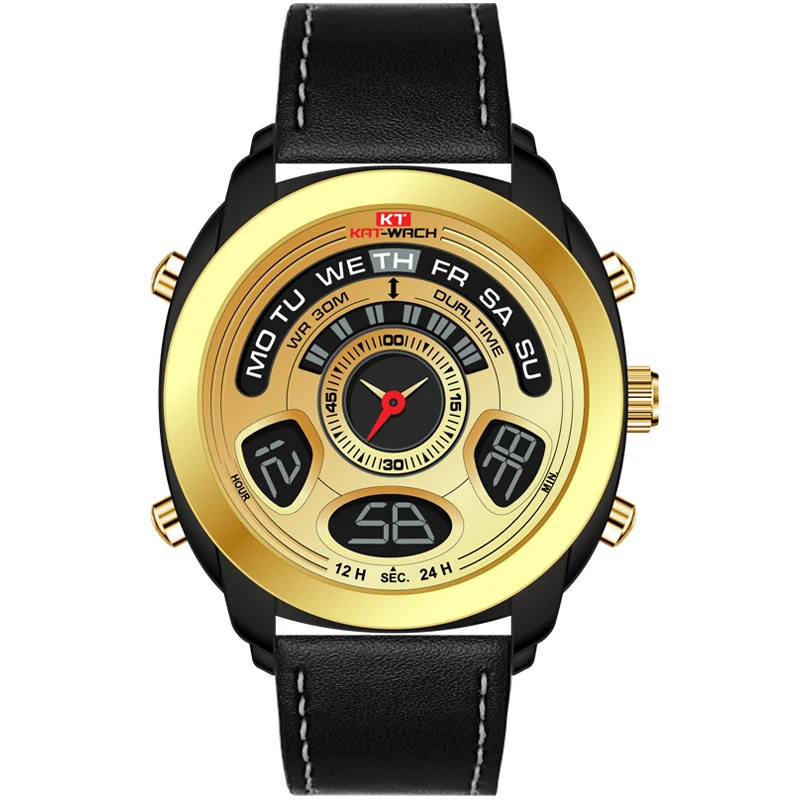 

KAT WACH 713 Men Leather Watch Digital Quartz Watch Week Date Display Sport Leather Male Wrist Watch, As picture