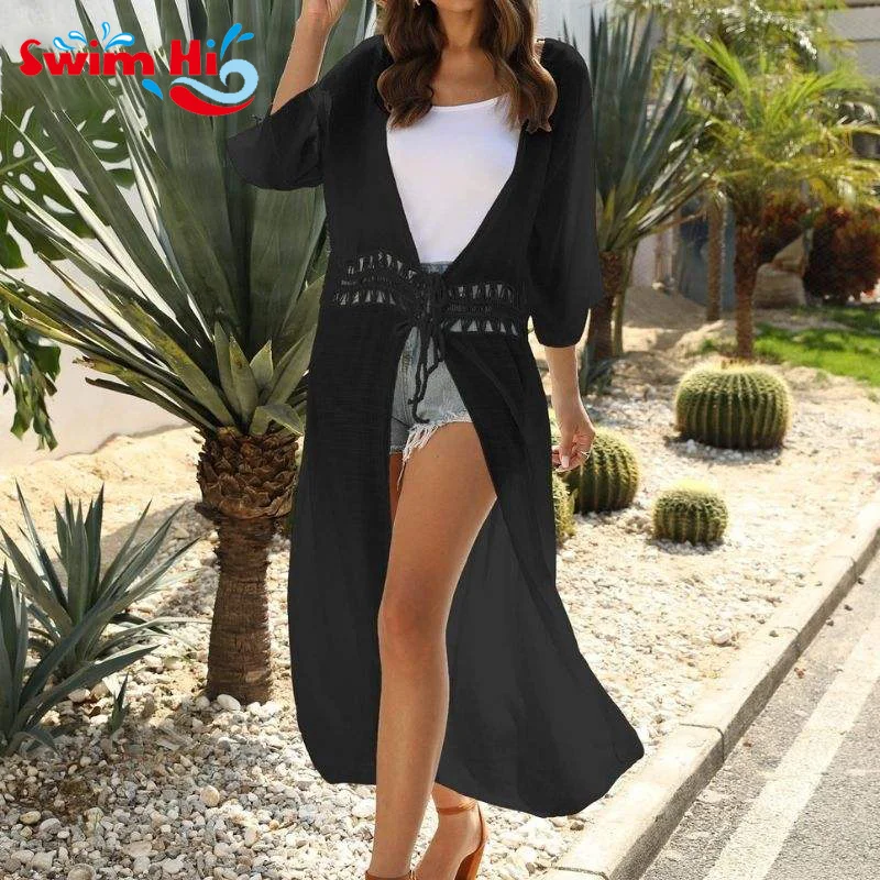 

Women Long Sleeve See Through Top Mesh Sheer Tunic Cover-ups Beach Dress Wear Beachwear Cover Up