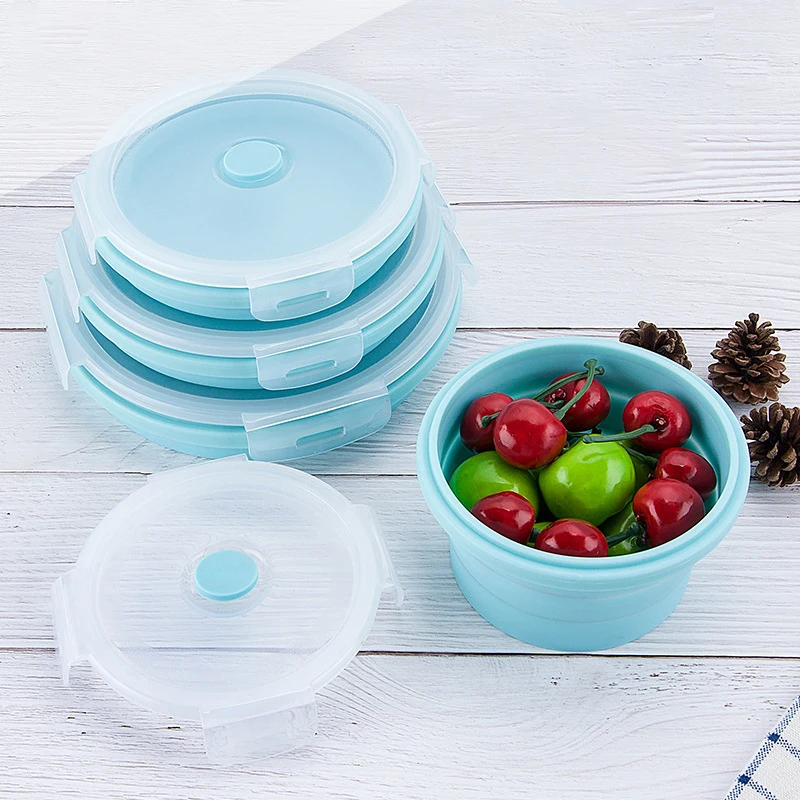 

Amazon Hotselling 4 Pieces Per Set Lunch Box Bpa Free Airtight Silicone Food Storage Container with PP Lid, Blue, red, green, pink, grey blue