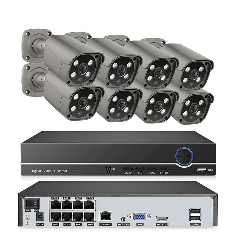 

Outdoor IP66 Full HD 8MP POE CCTV Camera System P2P Security 8 Channel NVR Kit Smart AI poe Bullet Camera Set