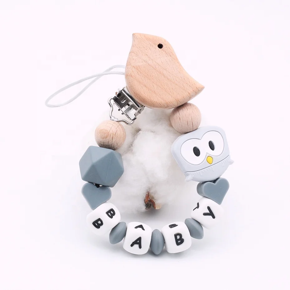 

BPA Free Silicone Teething Pacifier Clips Wood Dummy Holder Cute Bird Silicone Beads Chew Nipple Chain
