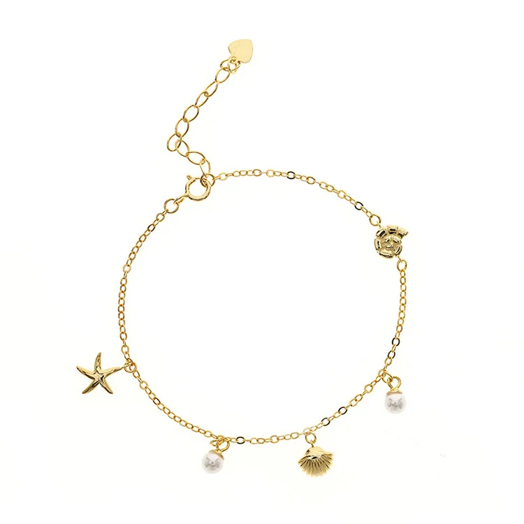 

Korean women jewelry 925 sterling silver 18K gold plated starfish shell pearl charms bracelet