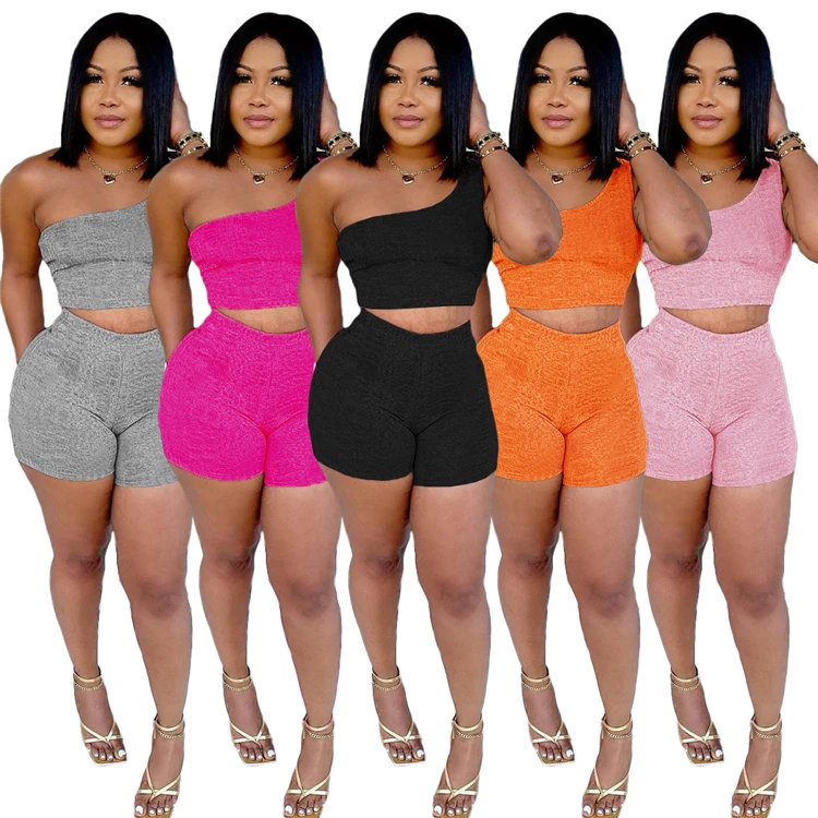 

DUODUOCOLOR Sexy summer fashion tight two piece pants solid color single shoulder heart pink crop top pink short sets D98164