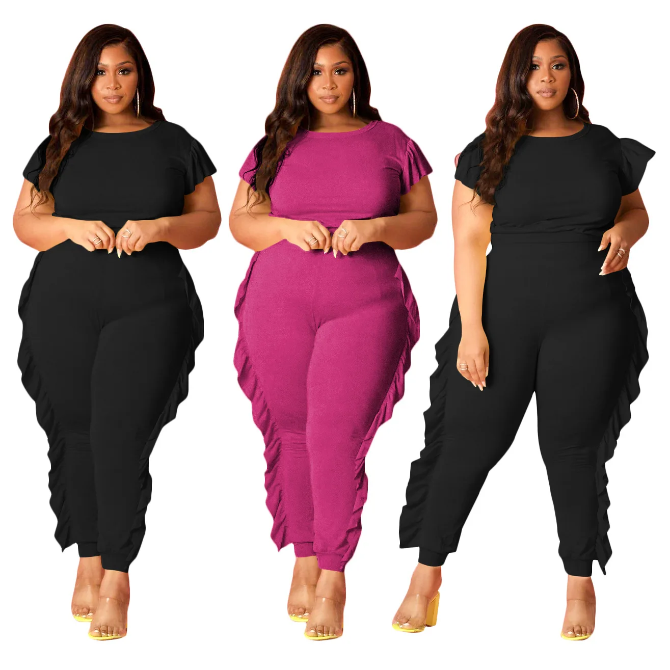 

Casual Top&Pants short sleeve solid color Plus Size Women Clothing Hot Sale Two Piece Set