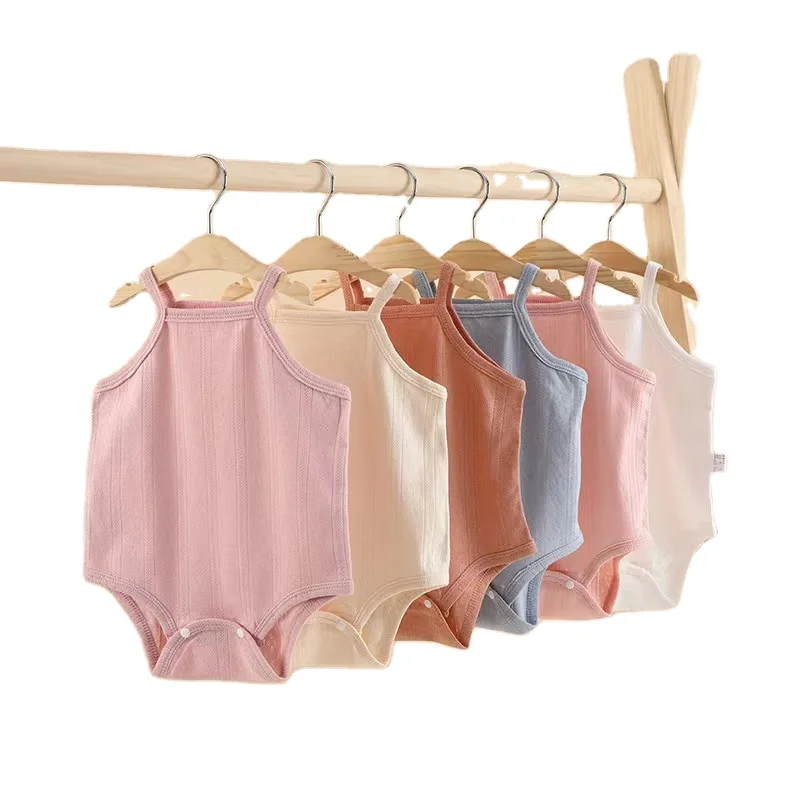 

INS OEM Baby Rompers Summer 6 Colors Sleeveless Infant Climb Bodysuit Unisex Snap Buttons Hollow Out Sunsets, Brown,green,coffee,beige,pink,red