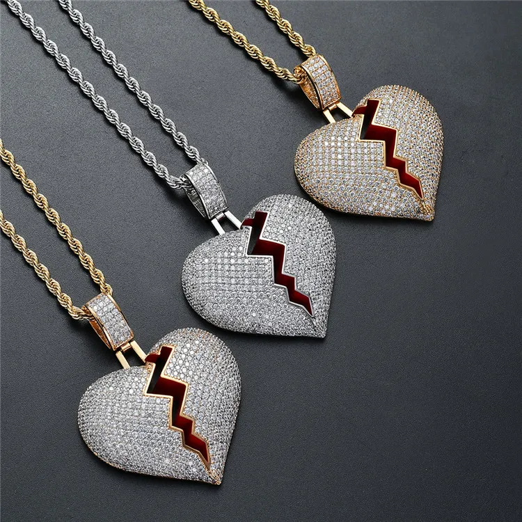 

Wholesale Hip Hop Jewelry Micro Paved Cz Love Necklace Charm Iced Out Broken Heart Shape Necklace Pendent Custom, Picture shows