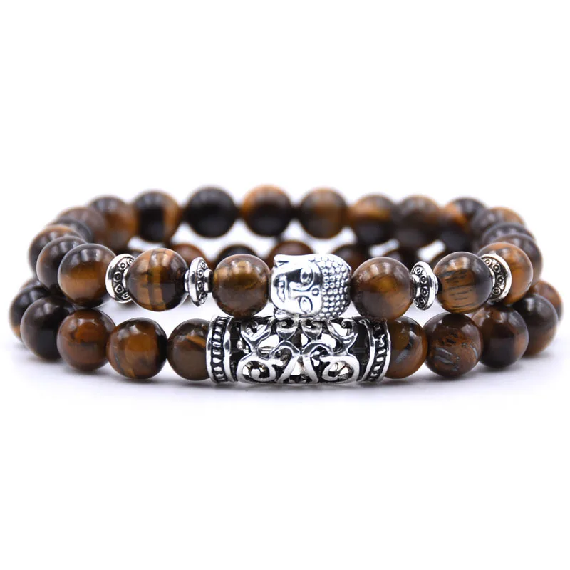 

2pcs set Prayer Beads Lava Stone Tiger Eye Bracelet Buddha Charm Bracelet for Women Men