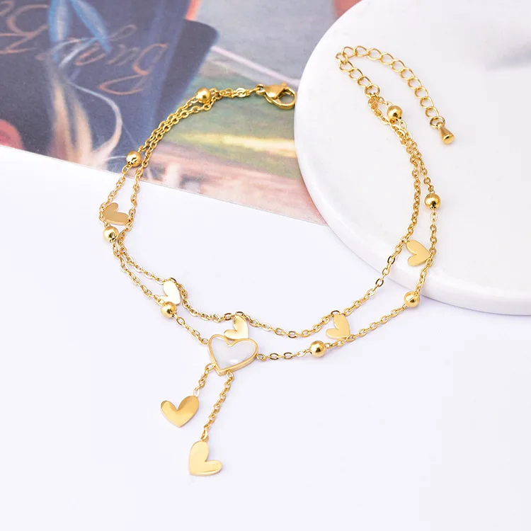 

In Stocks Double Layer Foot Chain Anklet Waterproof Fine Jewelry Anklet 18k Gold Plated Stainless Steel Chain Anklets for Women
