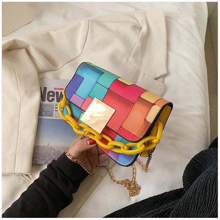 

New Korean version of the color personality rainbow women small purses ladies shoulder crossbody square bags women hand bags, Yellow,pink,black,green
