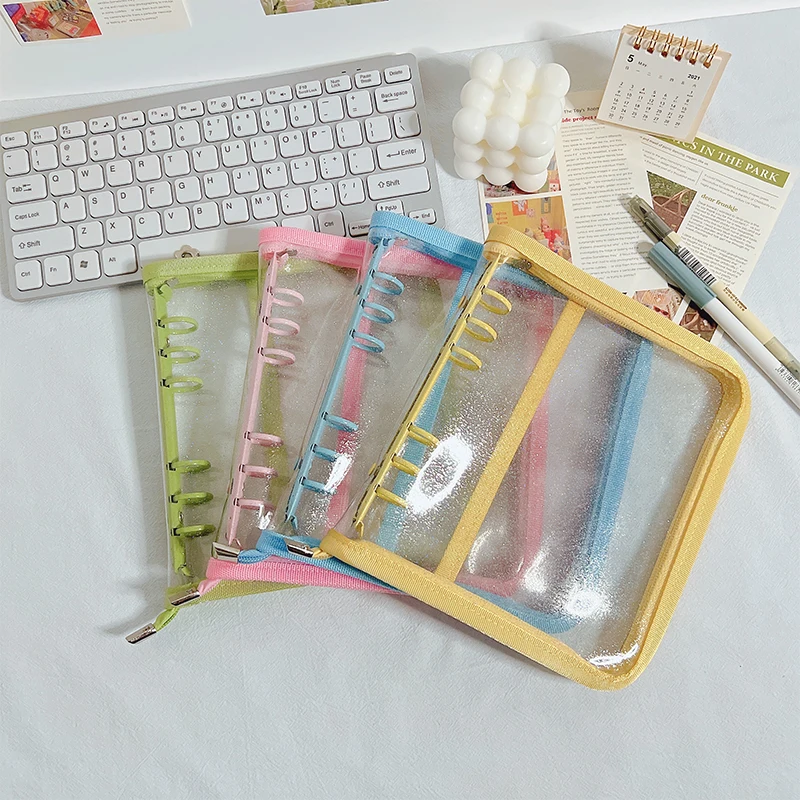 

Wholesale transparent cute pvc plastic a6 square binder 6 ring spiral binder 6 hole loose leaf zipper lined blank notebook