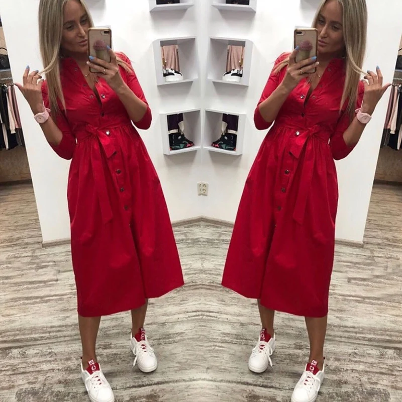 

Women Casual Sashes a Line Party Ladies Button Turn Down Collar OL Style Shirt 2019 Summer Solid Knee Dress