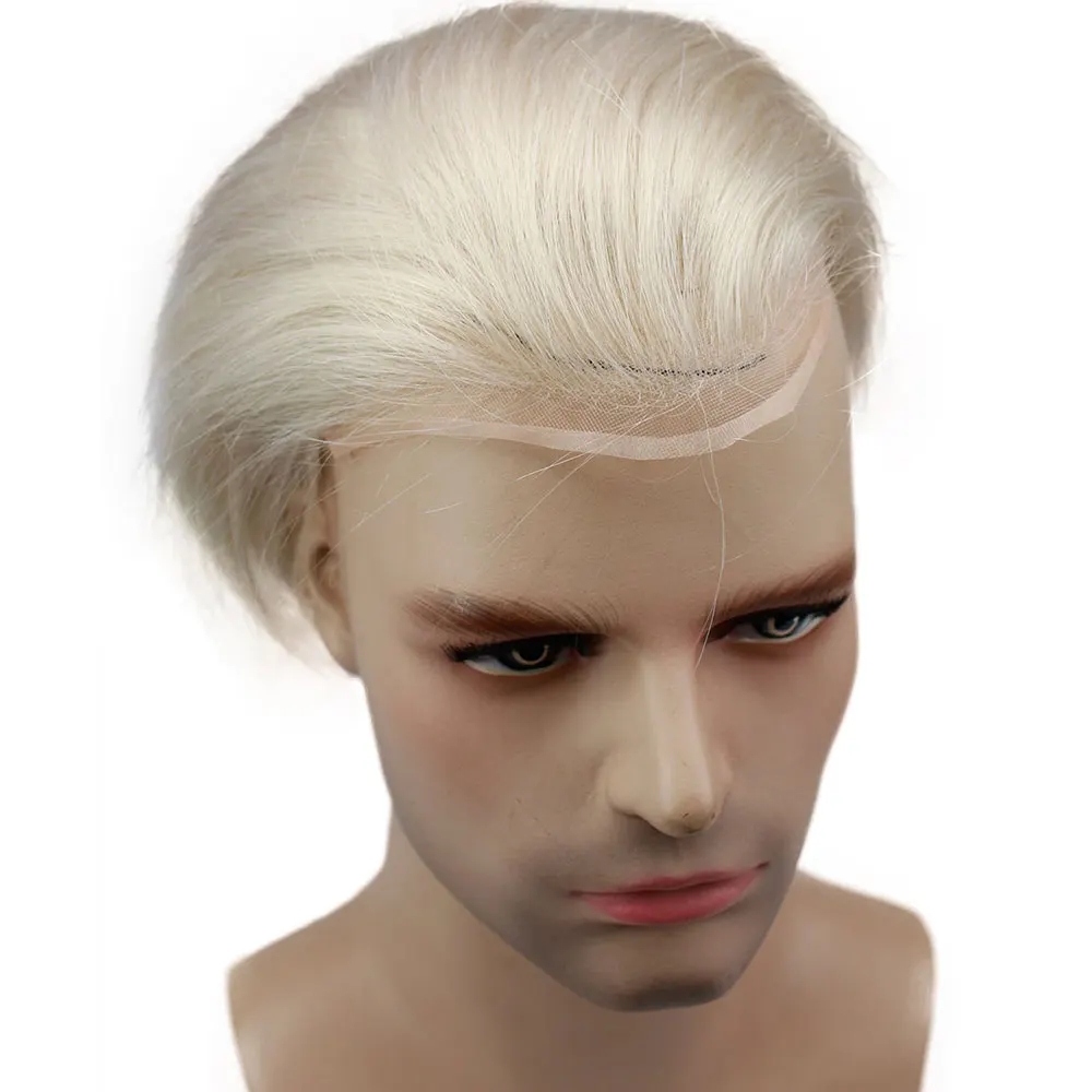 

Eseewigs 100% European Virgin Men's Toupee Replacement System For Thinning Hair On Top,#60 Platinum Blonde Color 8"X10"