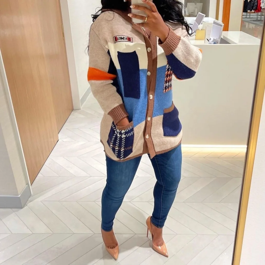 

New Vintage Streetwear Fall Winter Warm Knitwear Women Loose Long Pocket Patchwork Lady Cardigan Women'S Sweaters Jacket Coats