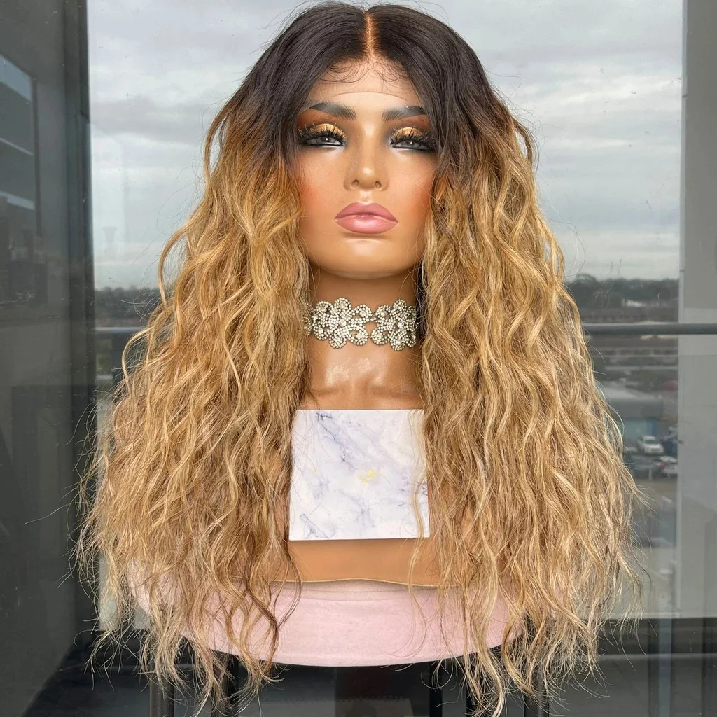 

Ombre Honey Blonde Colored Water Wave Curly Wig 13*4 Lace Frontal Closure Human Hair Wigs Brazilian Remy PrePlucked
