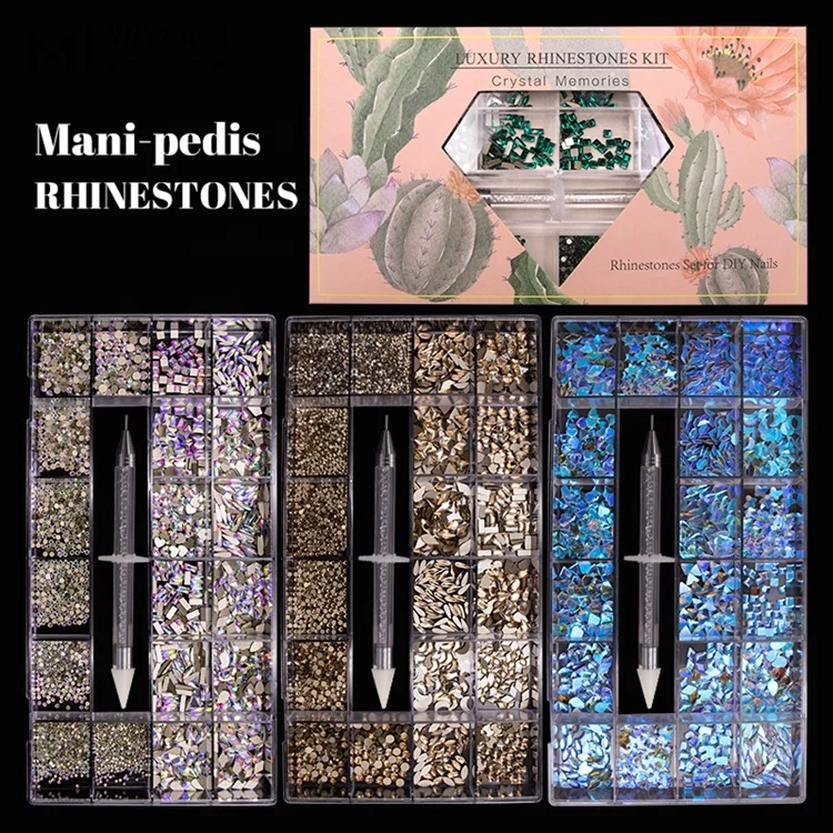 

MIYOCA Fancy Glitter Nail Art Flat Back Hight Quality Crystal for Nails Kit with Point Drill Pen 20 Cells Box Packed