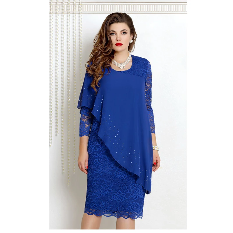 

High Quality Solid Color Lace Stitching Elegant Three-quarter Sleeves Casual Plus Size Women Maxi Dresses, As pictures