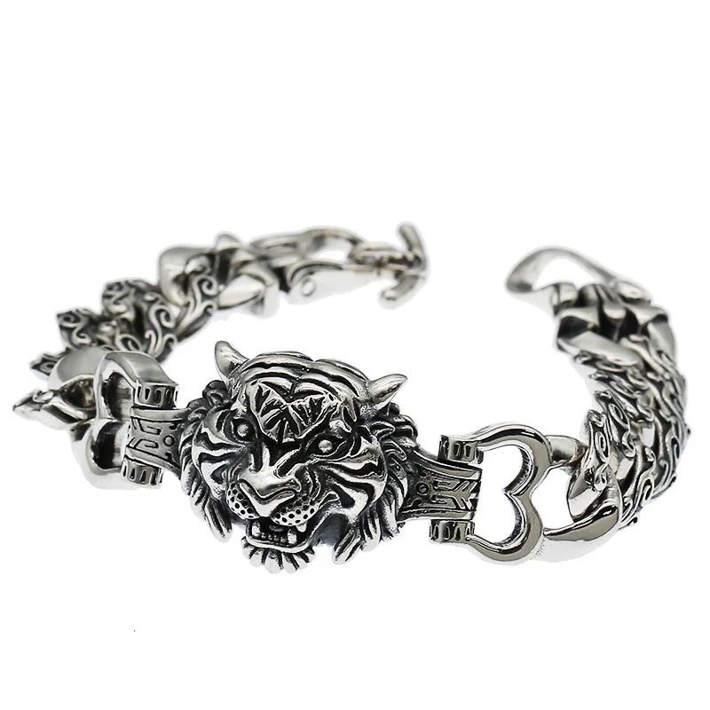 

S925 sterling silver dragon tiger head domineering men's bracelets chain, Black color