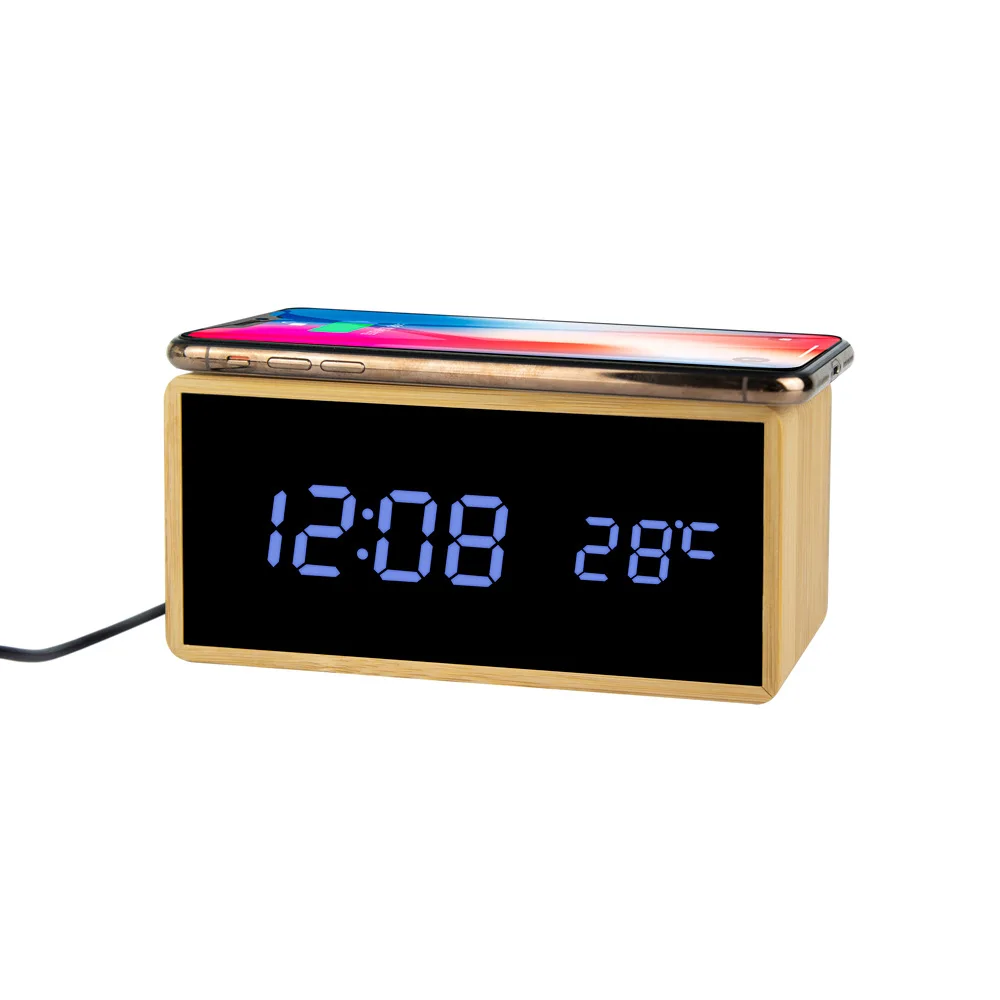

KC certificate 3 in 1 wireless charger Bamboo Wooden Acrylic Mirror LED Display charger Wireless with Alarm Clock, Black/white/wooden/bamboo