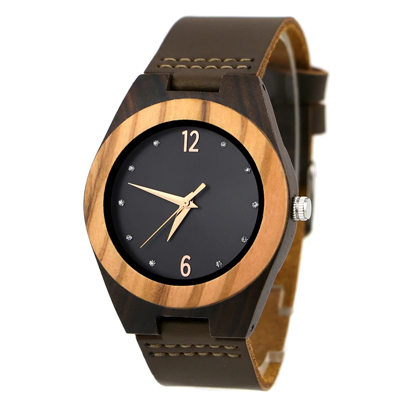 

Professional diamond number face Watches Men Luxury leather strap Wood Watch custom logo Wooden Watches