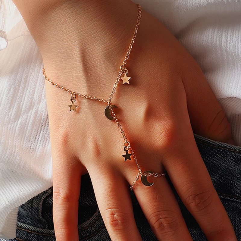 

Minimalist Hand Accessories Star Moon Bracelet Jewelry Alloy Chain Charm Finger Bracelet For Women, Picture