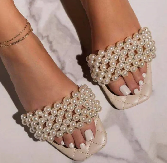 

2021 New Pearl Slipper Outdoor Sandals Women rhinestone slides ladies shoes