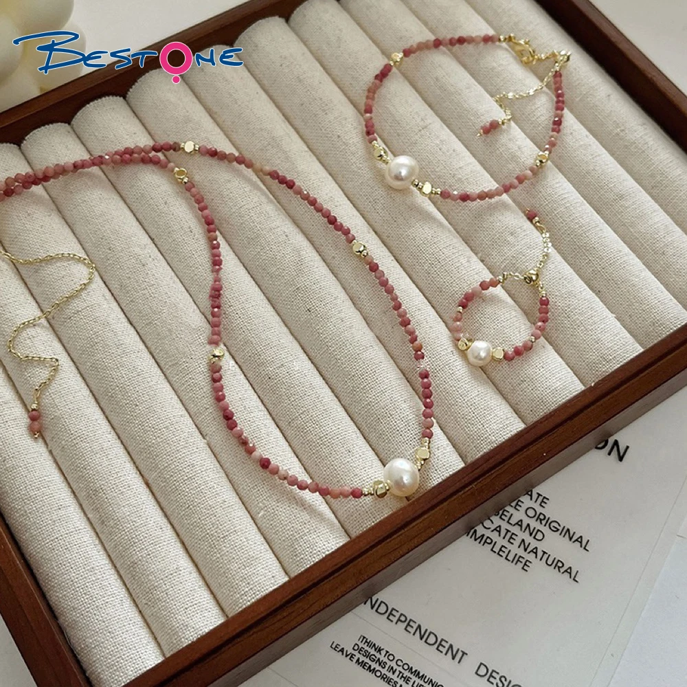 

BESTONE Fashion Sweet Temperament Same Style Female Set Jewelry Single Freshwater Pearl Rhodochrosite Necklace