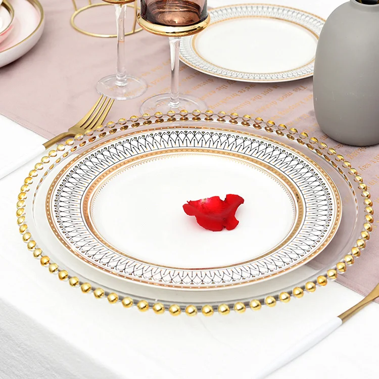 

Nordic Modern With Gold Banquet Cookware Fruit Wedding Decoration Salad Glass Dish Plates Porcelain Dinner Set, Color