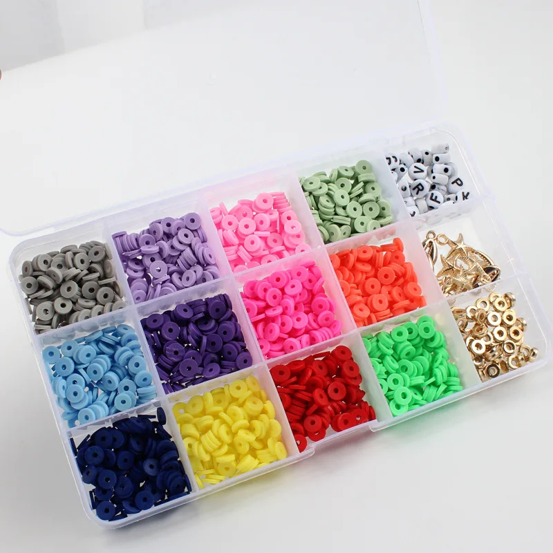 

New Design 15 Grids Boxed 6mm Colorful Flat Round Clay Beads For Jewelry Making Polymer Clay Beads Kit, Mixed colors