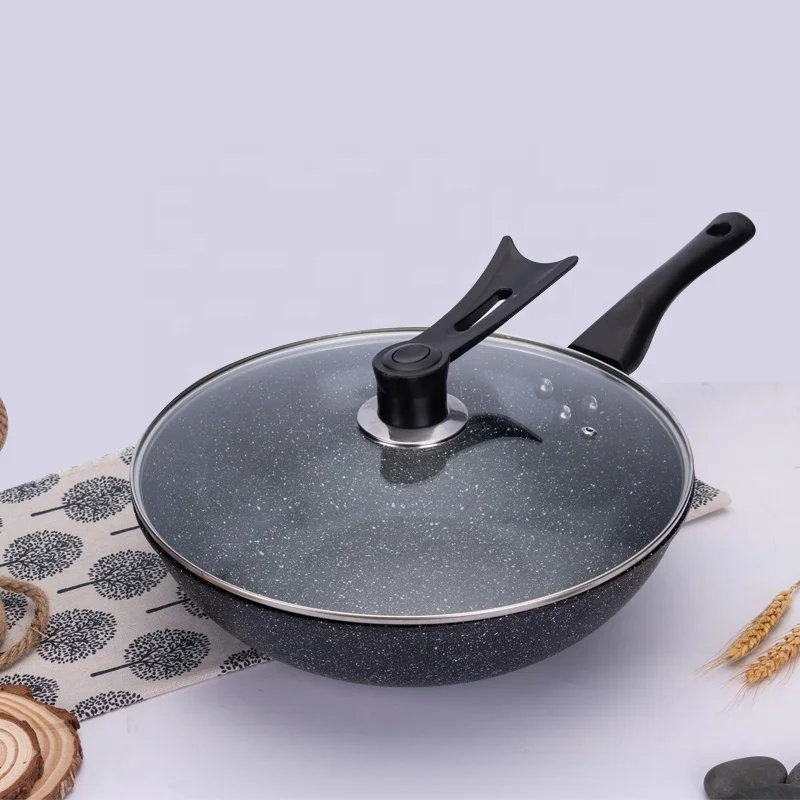 

Factory Direct Sales Chinese Marble Coating 32Cm General Use Deep Woks With Glass Lid, Black (accept customer customization)