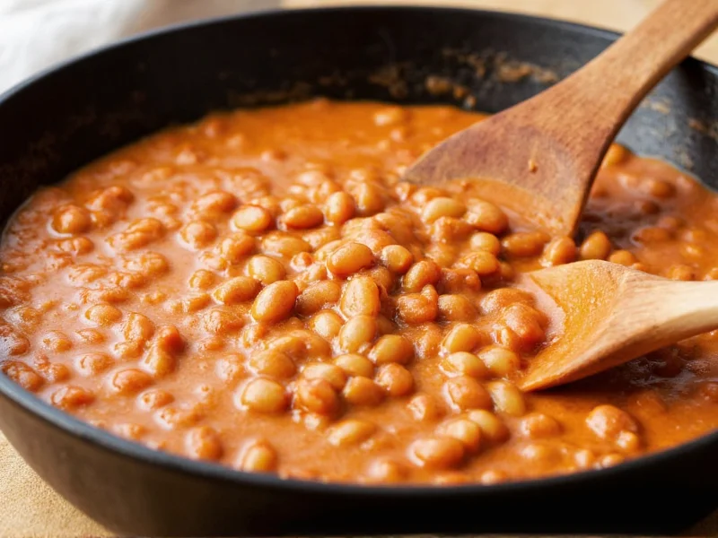 Creamy refried beans in cast iron skillet with wooden spoon