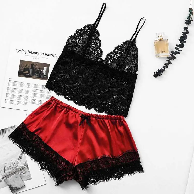 

Factory Women's Vintage V-Neck Sling sleepwear satin pijamas woman lace sexy sleepwear women Lingerie sets